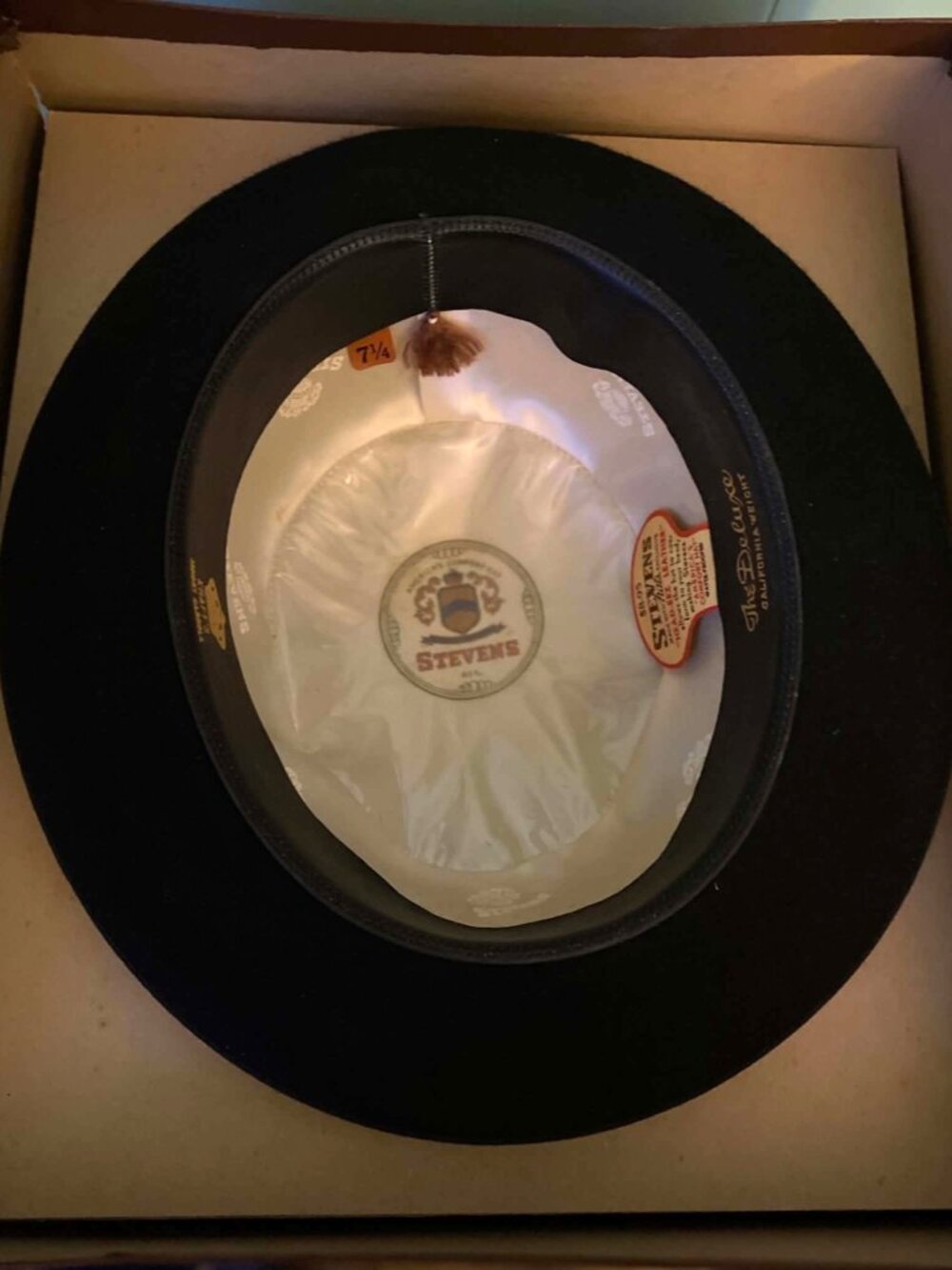 Vintage Stevens Black Fedora Hat Size 7 1/4 Fur Felt Tele Pinch w/ Original Box
